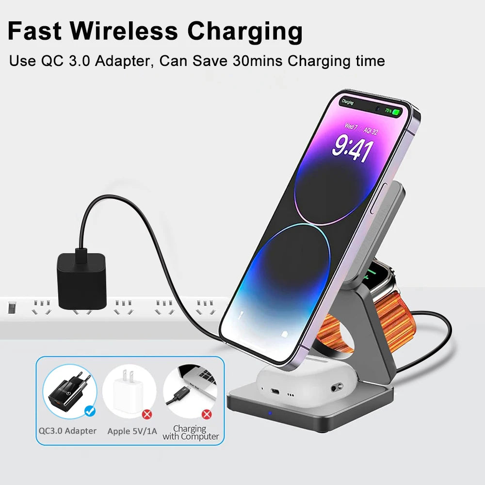 3 in 1 Wireless Charger for Iphone 16 15 Pro 14 13 12 Apple Watch Airpods Magsafe Iphone Charger Stand Fast Wireless Charging